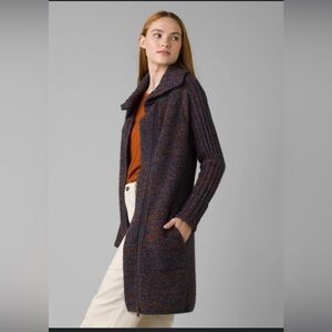 Prana Textured Knit Long Zip Cardigan - Navy and Rust
